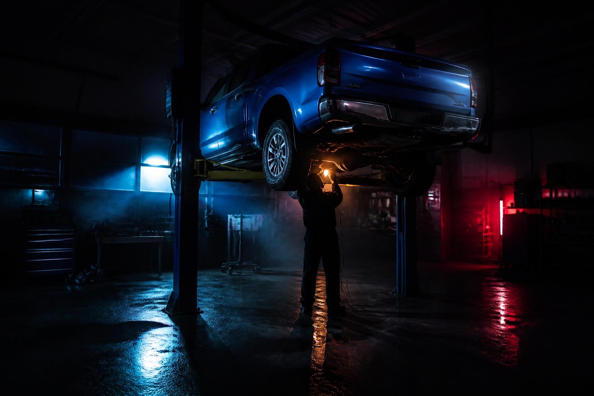 Technician working under a truck on a lift at Andale Auto Service